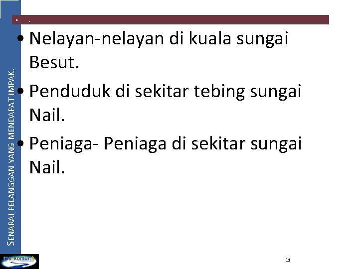  • . SENARAI PELANGGAN YANG MENDAPAT IMPAK. • Nelayan-nelayan di kuala sungai Besut.