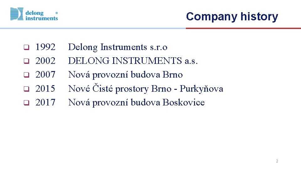 Company history q q q 1992 2007 2015 2017 Delong Instruments s. r. o