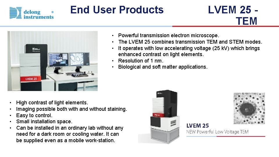 End User Products LVEM 25 TEM • Powerful transmission electron microscope. • The LVEM