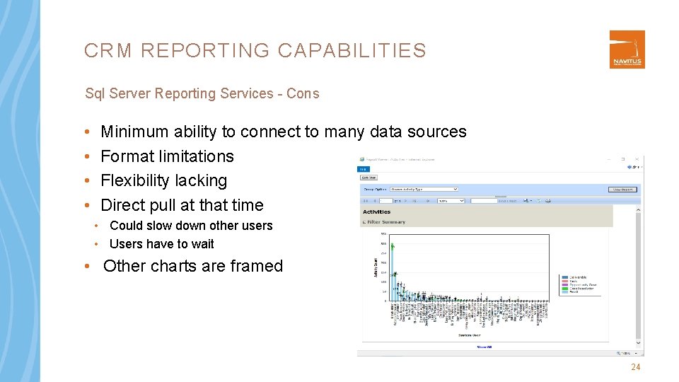 CRM REPORTING CAPABILITIES Sql Server Reporting Services Cons • • Minimum ability to connect