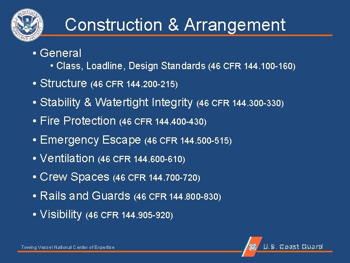 Construction & Arrangement • General • Class, Loadline, Design Standards (46 CFR 144. 100