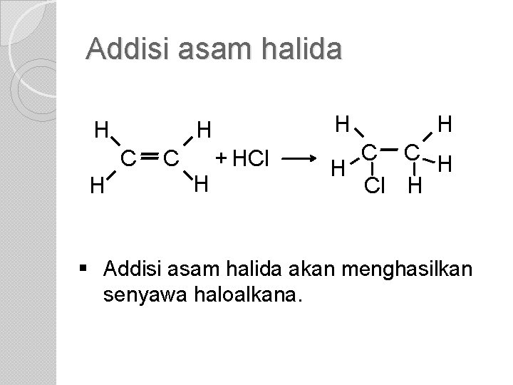 Addisi asam halida H C H H H C + HCl H H C