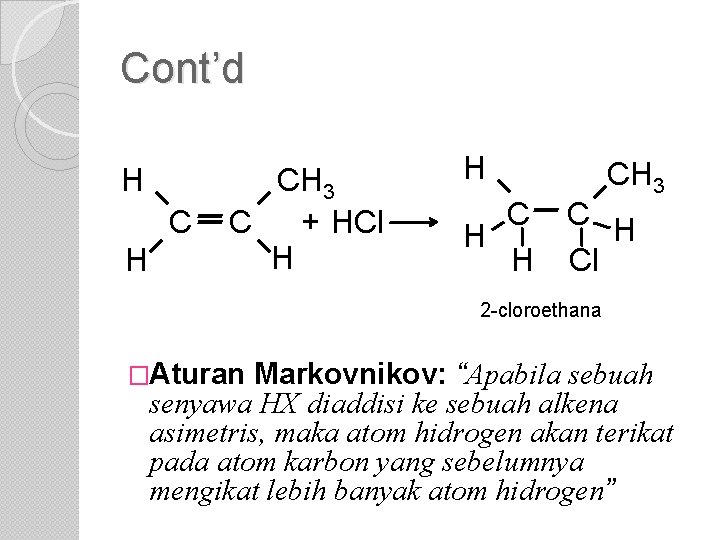 Cont’d H CH 3 C + HCl H H CH 3 C H Cl