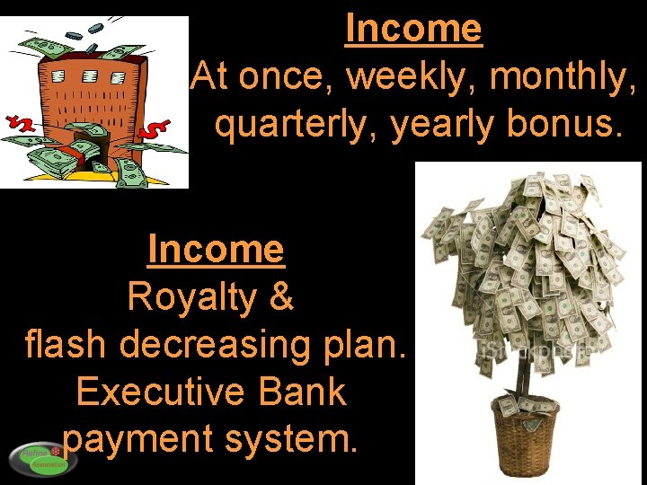 Income At once, weekly, monthly, quarterly, yearly bonus. Income Royalty & flash decreasing plan.