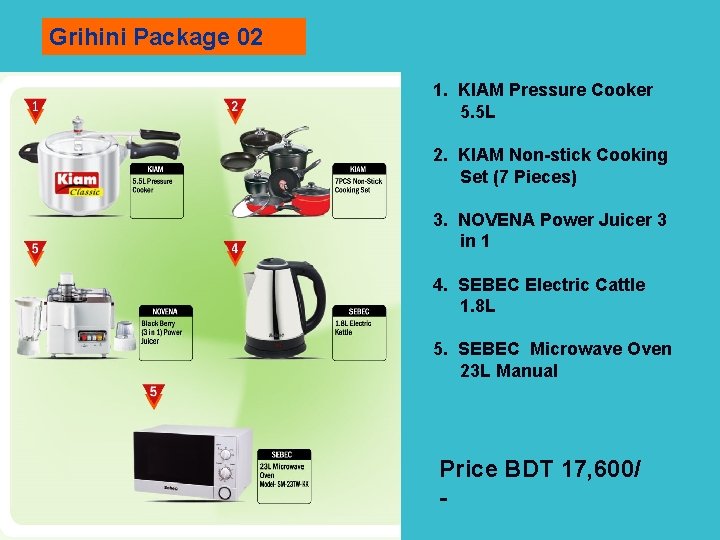 Grihini Package 02 1. KIAM Pressure Cooker 5. 5 L 2. KIAM Non-stick Cooking