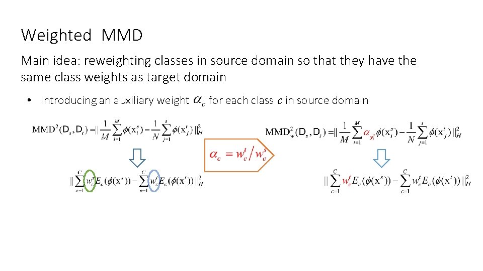 Weighted MMD Main idea: reweighting classes in source domain so that they have the