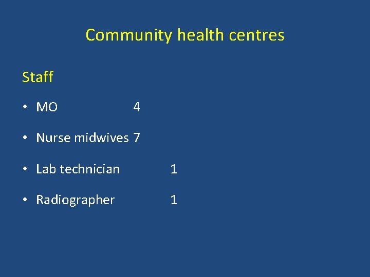 Community health centres Staff • MO 4 • Nurse midwives 7 • Lab technician