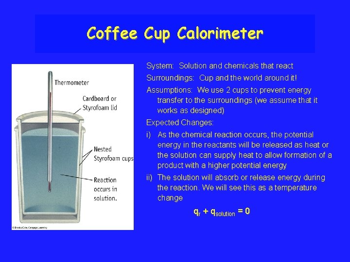 Coffee Cup Calorimeter System: Solution and chemicals that react Surroundings: Cup and the world