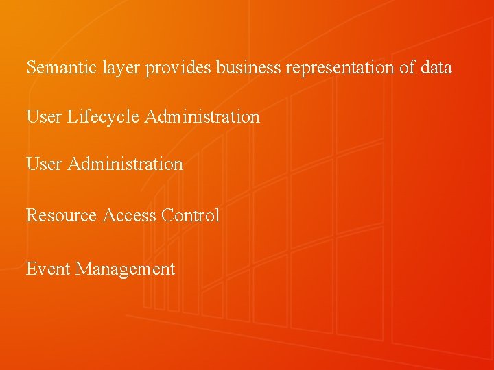 Semantic layer provides business representation of data User Lifecycle Administration User Administration Resource Access