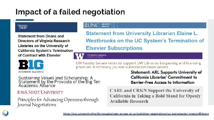 Impact of a failed negotiation https: //osc. universityofcalifornia. edu/open-access-at-uc/publisher-negotiations/uc-and-elsevier-impact/#library 