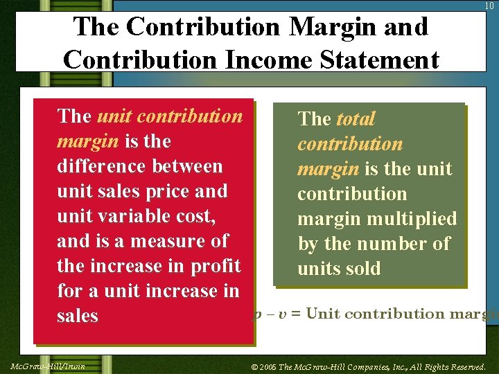 The Contribution Margin and Contribution Income Statement The unit contribution margin is the difference