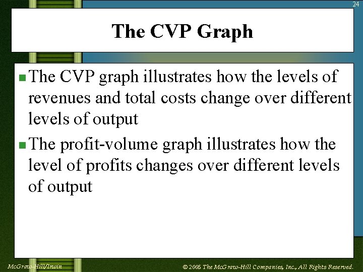 24 The CVP Graph n The CVP graph illustrates how the levels of revenues