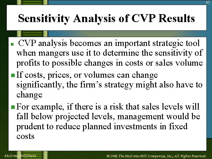 45 Sensitivity Analysis of CVP Results CVP analysis becomes an important strategic tool when