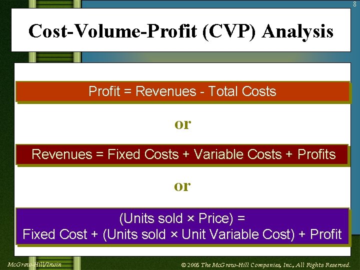 8 Cost-Volume-Profit (CVP) Analysis Profit = Revenues - Total Costs or Revenues = Fixed