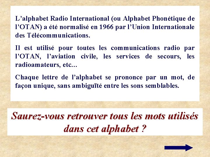 L’alphabet Radio International (ou Alphabet Phonétique de l’OTAN) a été normalisé en 1966 par