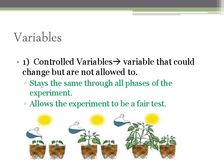 Variables • 1) Controlled Variables variable that could change but are not allowed to.