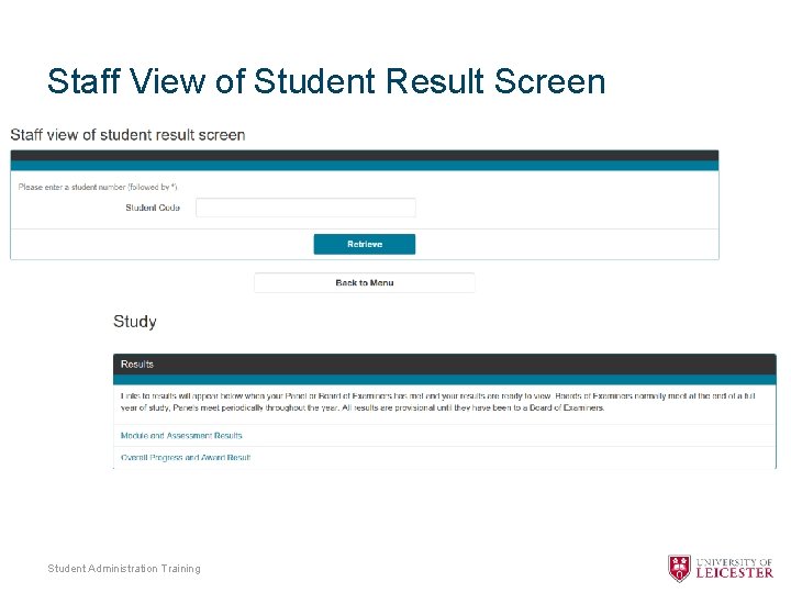 Staff View of Student Result Screen Student Administration Training 