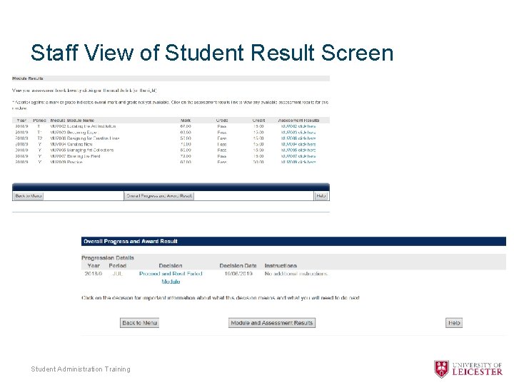 Staff View of Student Result Screen Student Administration Training 