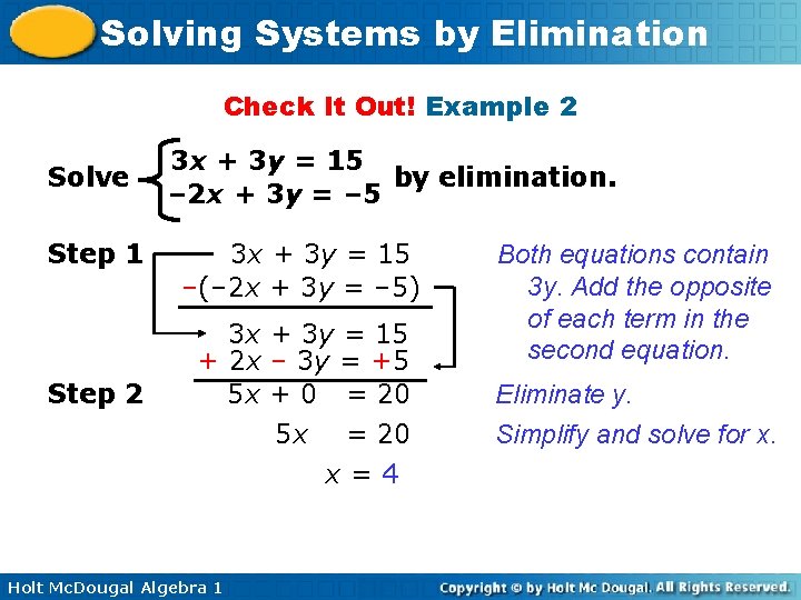 Solving Systems by Elimination Check It Out! Example 2 Solve Step 1 Step 2