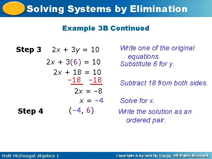 Solving Systems by Elimination Example 3 B Continued Step 3 2 x + 3