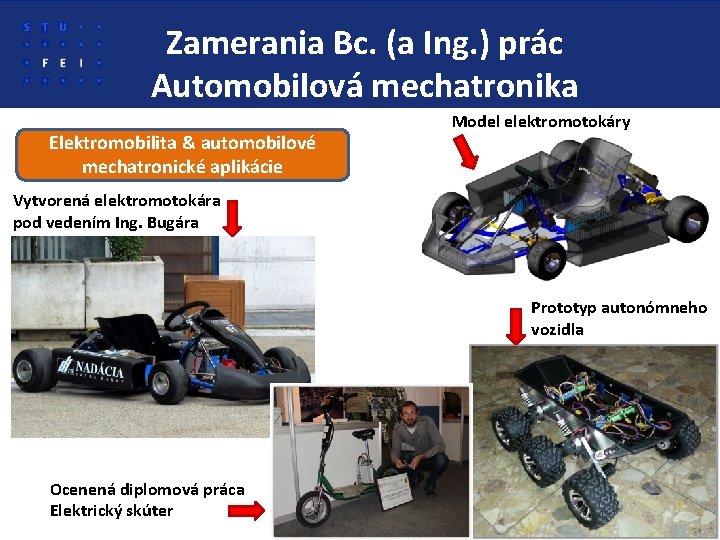 Zamerania Bc. (a Ing. ) prác Automobilová mechatronika Elektromobilita & automobilové mechatronické aplikácie Model