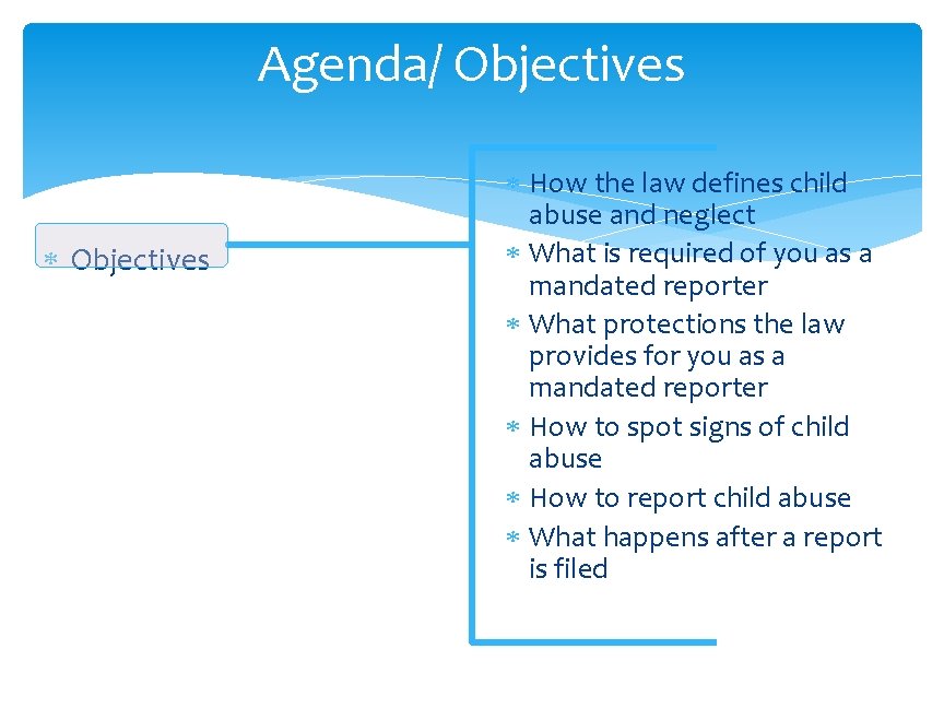 Agenda/ Objectives How the law defines child abuse and neglect What is required of