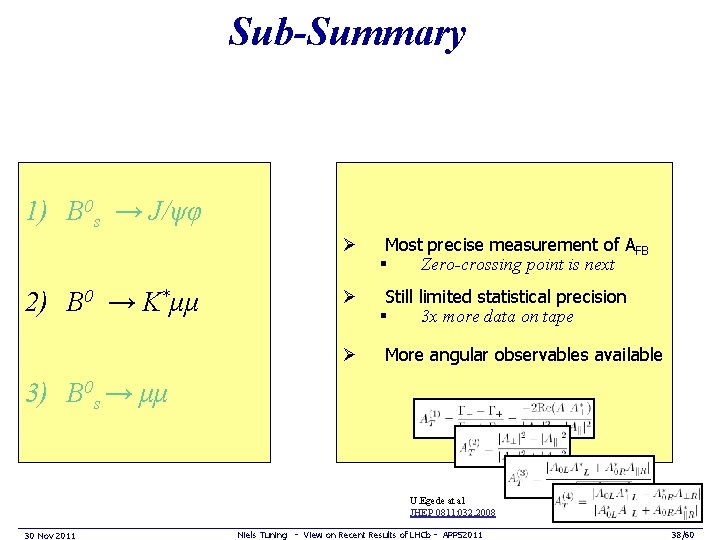 Sub-Summary 1) B 0 s → J/ψφ 2) B 0 → K*μμ Ø Most