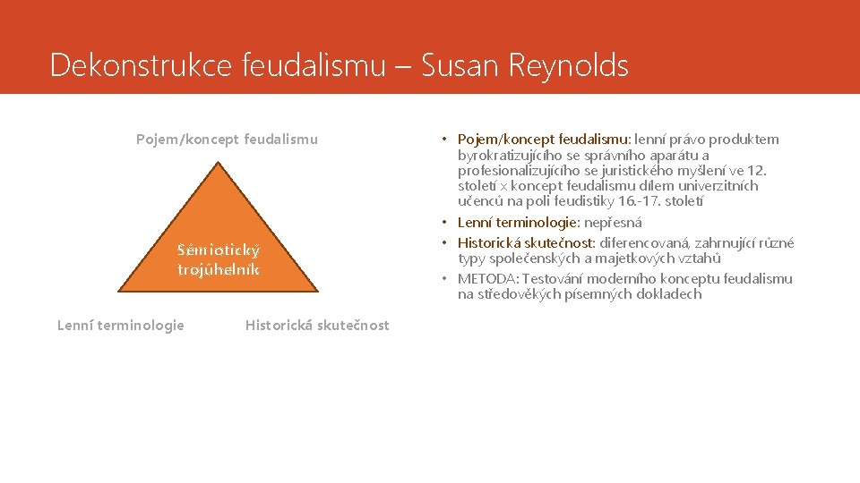 Dekonstrukce feudalismu – Susan Reynolds Pojem/koncept feudalismu Sémiotický trojúhelník Lenní terminologie Historická skutečnost •