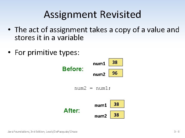 Assignment Revisited • The act of assignment takes a copy of a value and