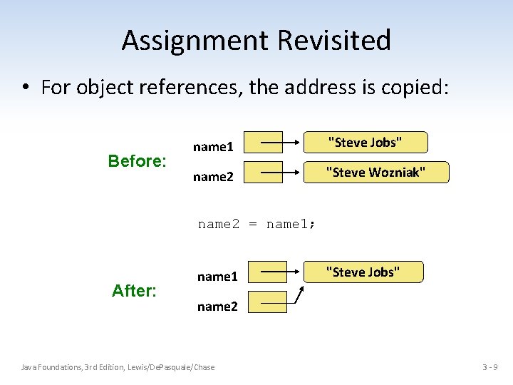 Assignment Revisited • For object references, the address is copied: Before: name 1 "Steve