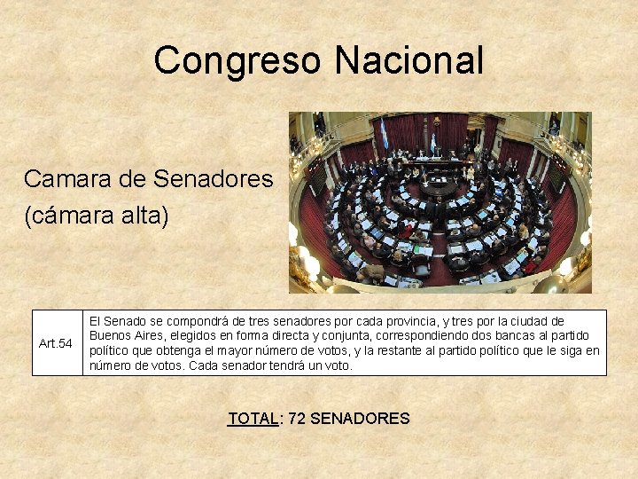Congreso Nacional Camara de Senadores (cámara alta) Art. 54 El Senado se compondrá de