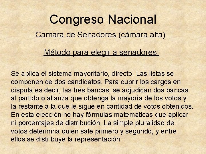 Congreso Nacional Camara de Senadores (cámara alta) Método para elegir a senadores: Se aplica