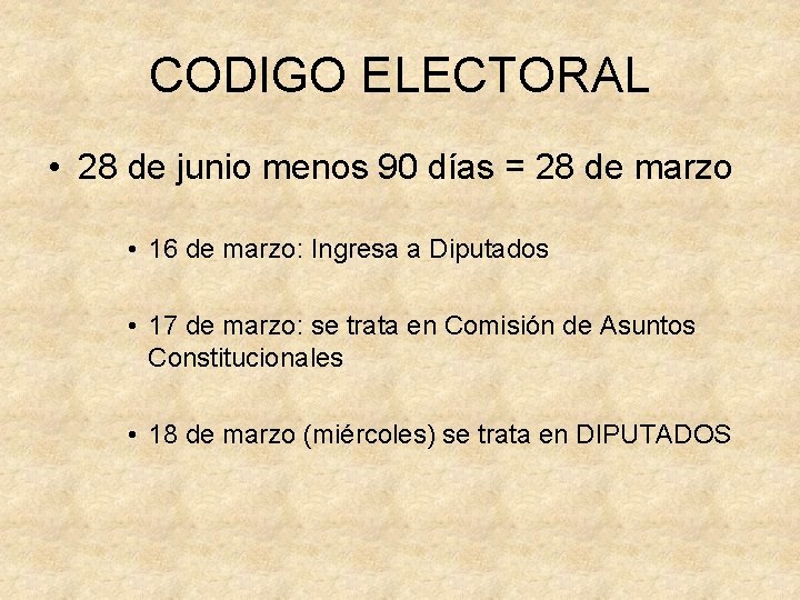 CODIGO ELECTORAL • 28 de junio menos 90 días = 28 de marzo •