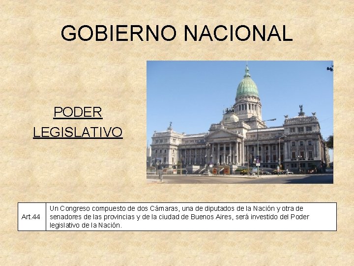 GOBIERNO NACIONAL PODER LEGISLATIVO Art. 44 Un Congreso compuesto de dos Cámaras, una de