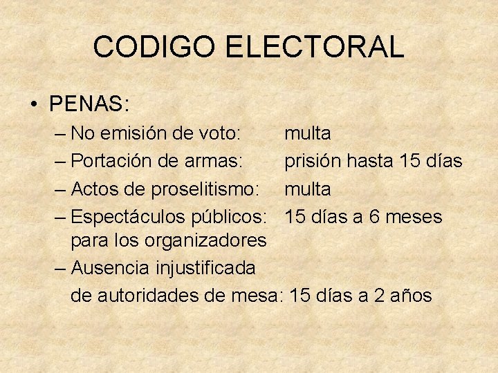 CODIGO ELECTORAL • PENAS: – No emisión de voto: multa – Portación de armas: