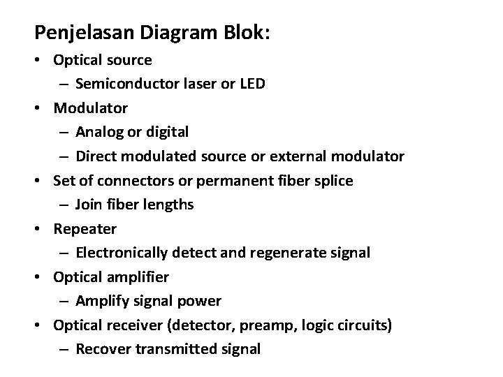 Penjelasan Diagram Blok: • Optical source – Semiconductor laser or LED • Modulator –