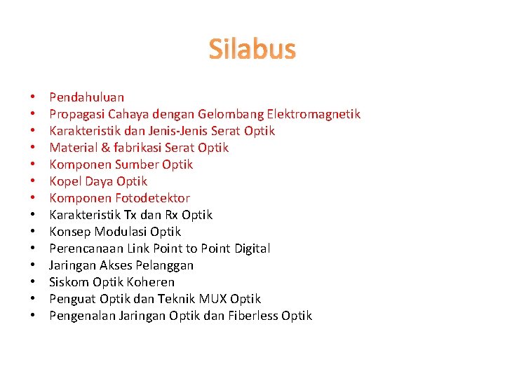Silabus • • • • Pendahuluan Propagasi Cahaya dengan Gelombang Elektromagnetik Karakteristik dan Jenis-Jenis