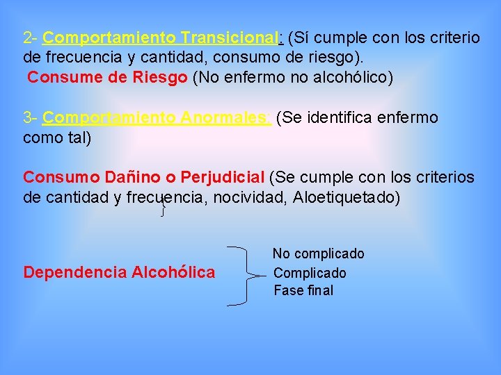 2 - Comportamiento Transicional: (Sí cumple con los criterio de frecuencia y cantidad, consumo