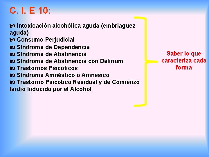 C. I. E 10: Intoxicación alcohólica aguda (embriaguez aguda) Consumo Perjudicial Síndrome de Dependencia