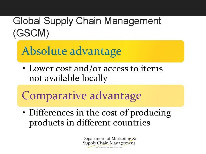 Global Supply Chain Management (GSCM) Absolute advantage • Lower cost and/or access to items