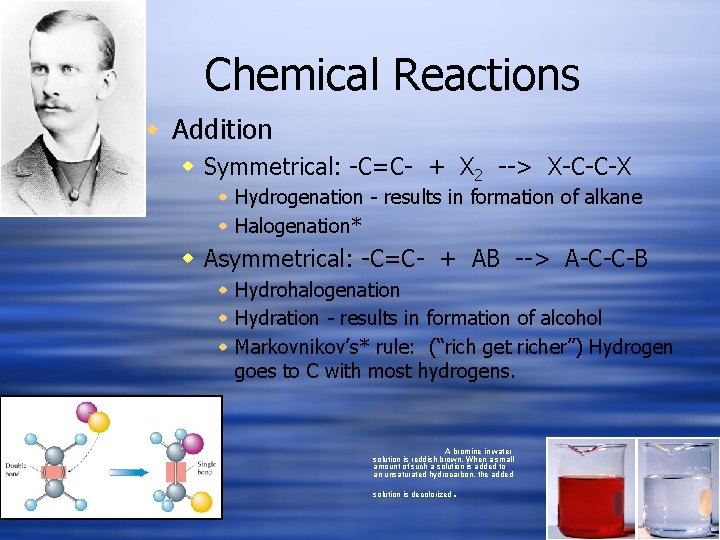 Chemical Reactions w Addition w Symmetrical: -C=C- + X 2 --> X-C-C-X w Hydrogenation