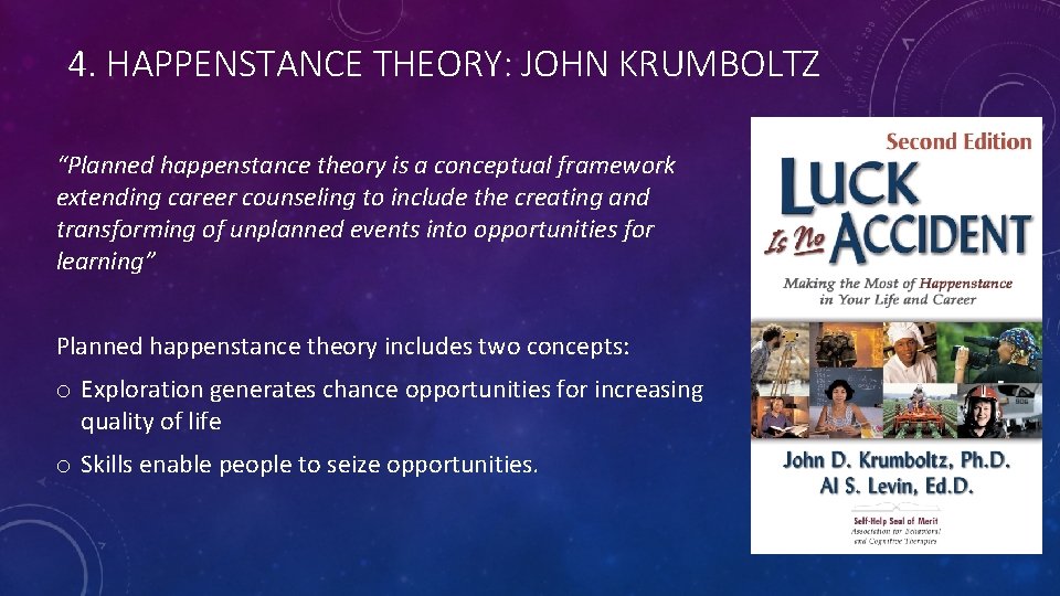 4. HAPPENSTANCE THEORY: JOHN KRUMBOLTZ “Planned happenstance theory is a conceptual framework extending career
