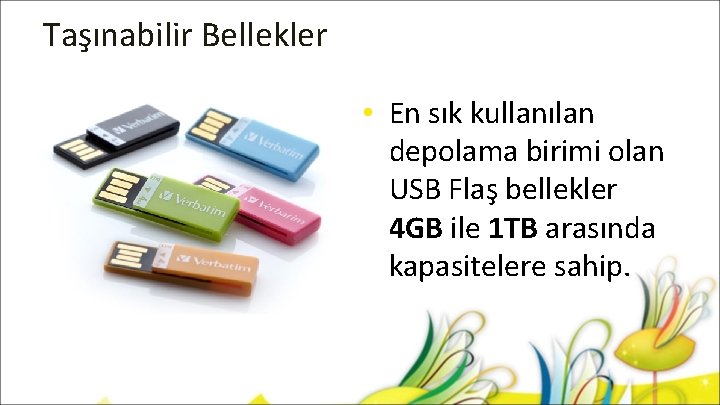 Taşınabilir Bellekler • En sık kullanılan depolama birimi olan USB Flaş bellekler 4 GB