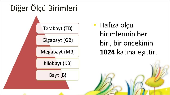 Diğer Ölçü Birimleri Terabayt (TB) Gigabayt (GB) Megabayt (MB) Kilobayt (KB) Bayt (B) •