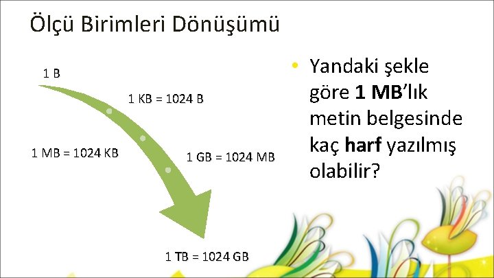 Ölçü Birimleri Dönüşümü 1 B 1 KB = 1024 B 1 MB = 1024