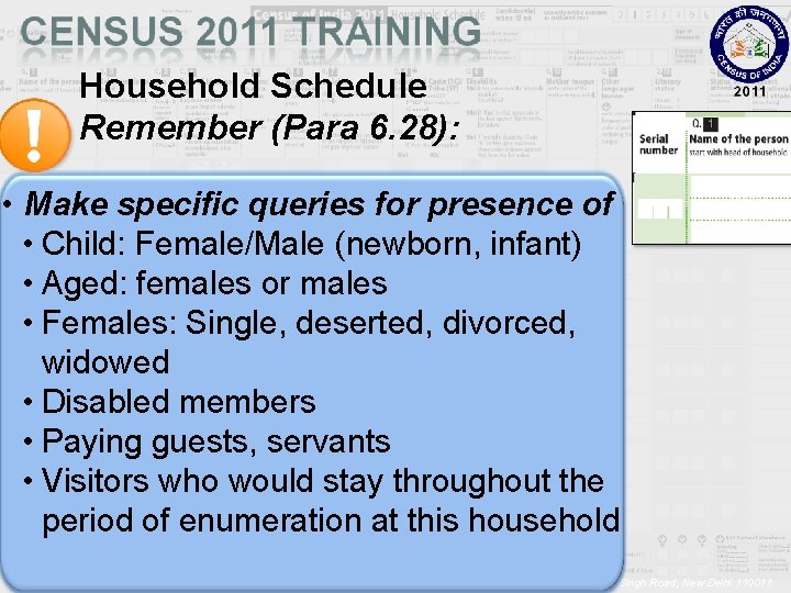 Household Schedule Remember (Para 6. 28): • Make specific queries for presence of •