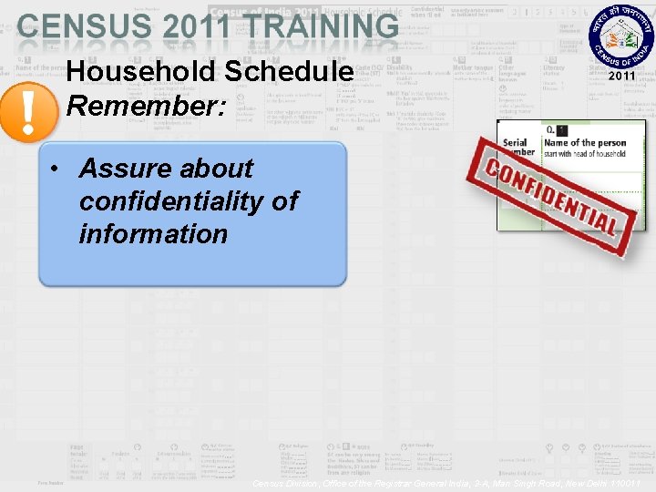 Household Schedule Remember: • Assure about confidentiality of information Census Division, Office of the