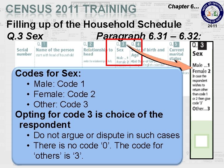 Chapter 6… Filling up of the Household Schedule Q. 3 Sex Paragraph 6. 31