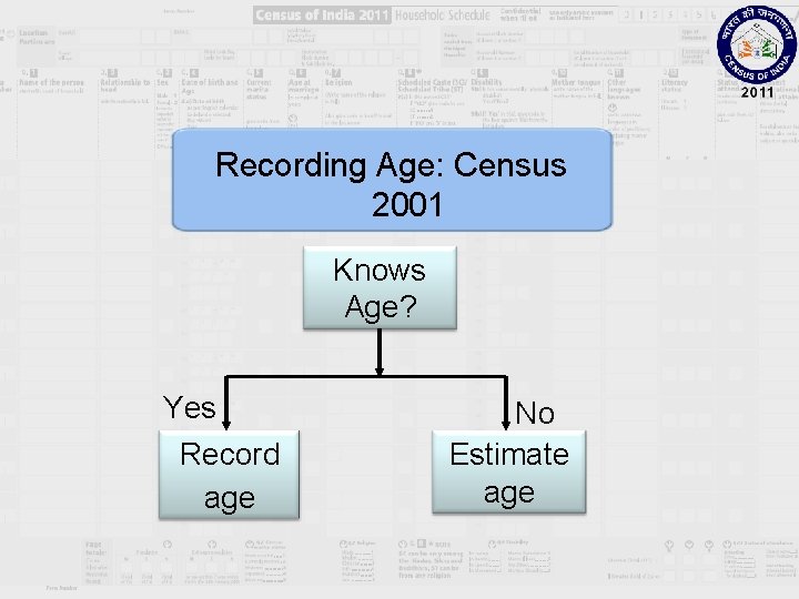 Recording Age: Census 2001 Knows Age? Yes Record age No Estimate age 