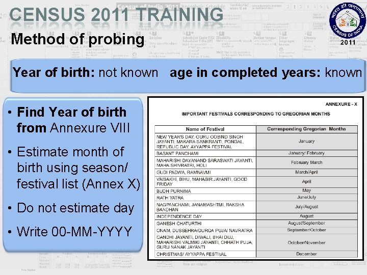 Method of probing Year of birth: not known age in completed years: known •